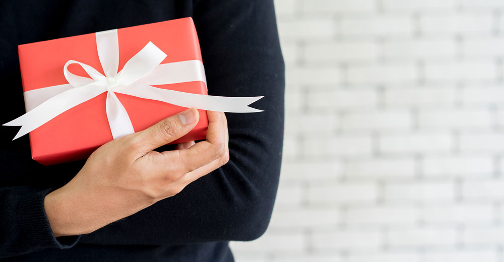 person holding wrapped gift box present